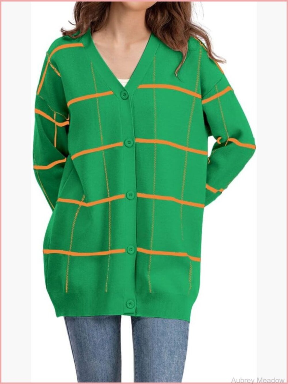 Vintage Plaid Button Down Cardigan V Neck Knit Sweater Jacket Coat